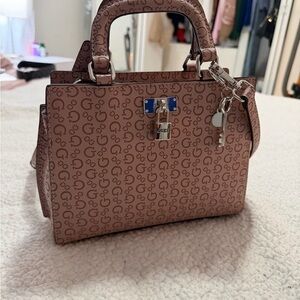 GUESS Blush Pink Logo-Print Satchel with Padlock Charm